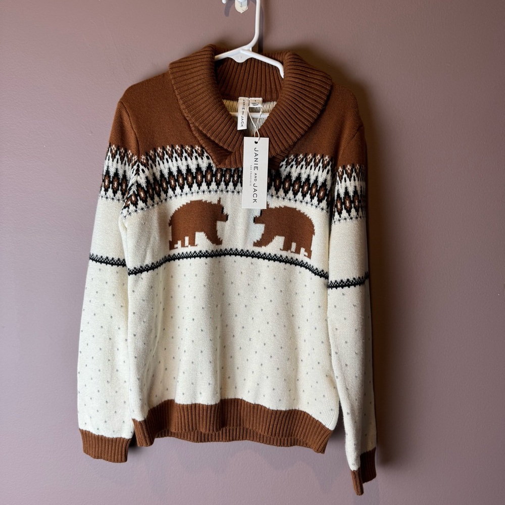 NWT Janie and Jack Bear Fair Isle Shawl Collar Sweater 6 - Picture 2 of 10
